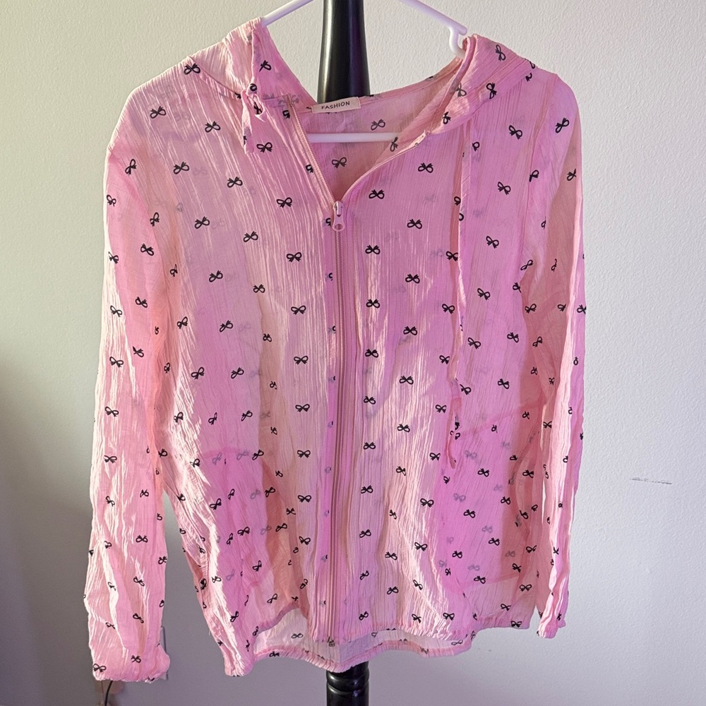 Pink Hooded Jacket with Bow Print
